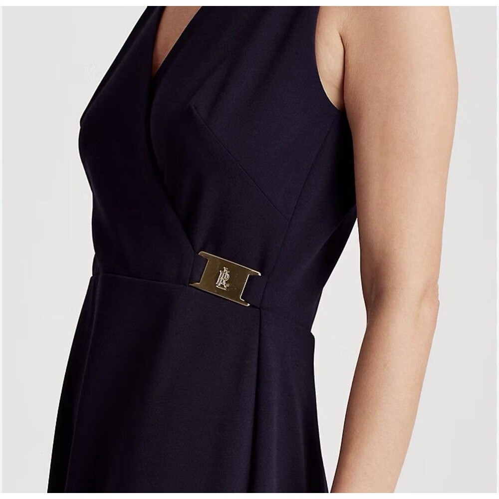 NEW $165 Monogram Lauren Ralph Lauren Gold Buckle Sleevesless Dress Size 14 Blue